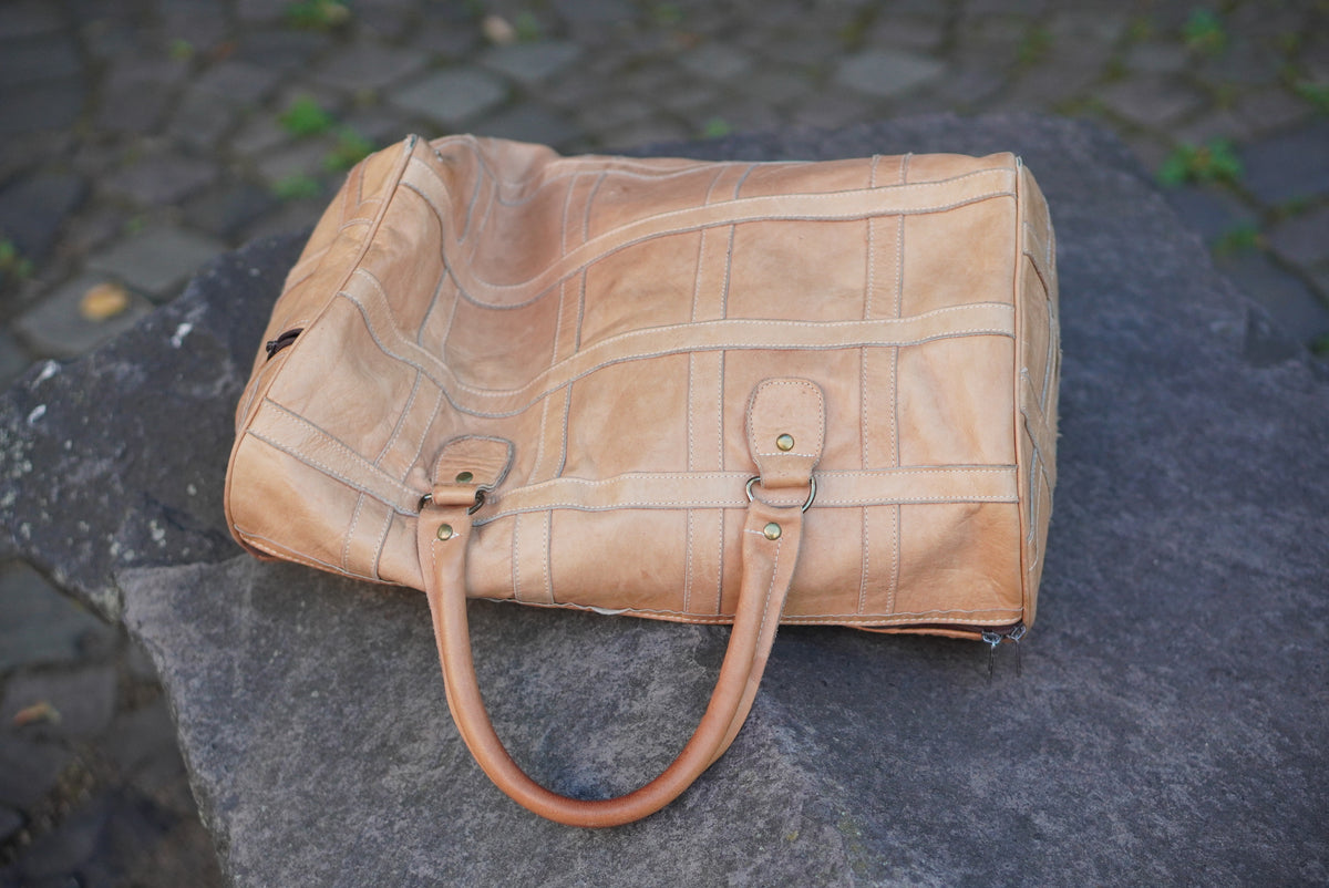 Vintage Patchwork Leather Duffle Bag - 1970s Tan Travel Holdall