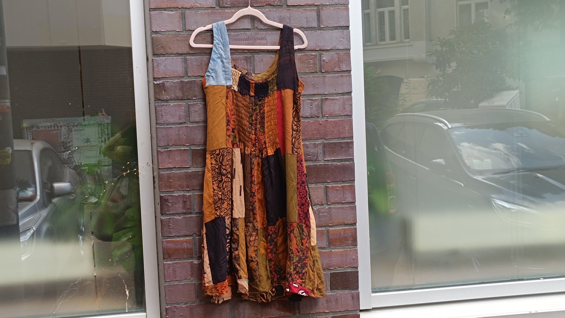 Vintage 90s Patchwork Dress Boho Earthy Midi Grunge Hippie Sleeveless Sundress