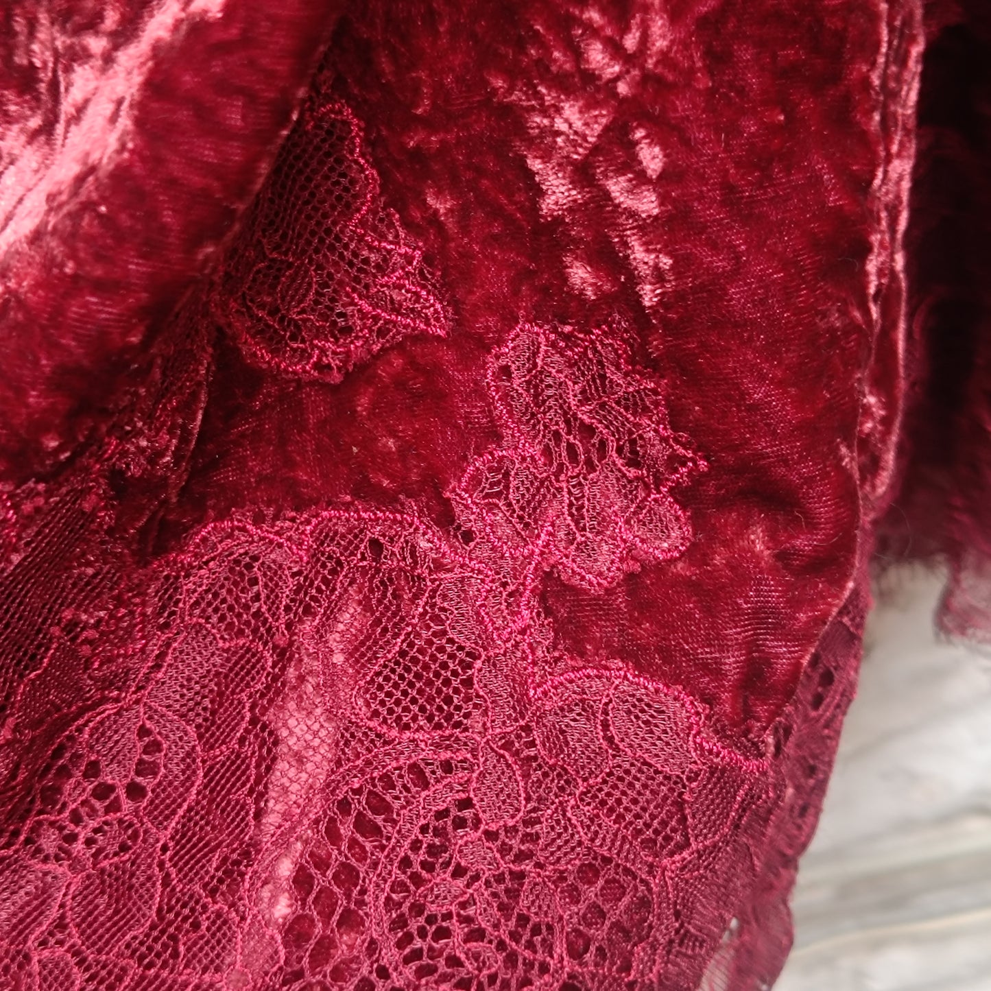 Vintage Gothic Red Velvet Top  | 90s Lace Hem Button Up S