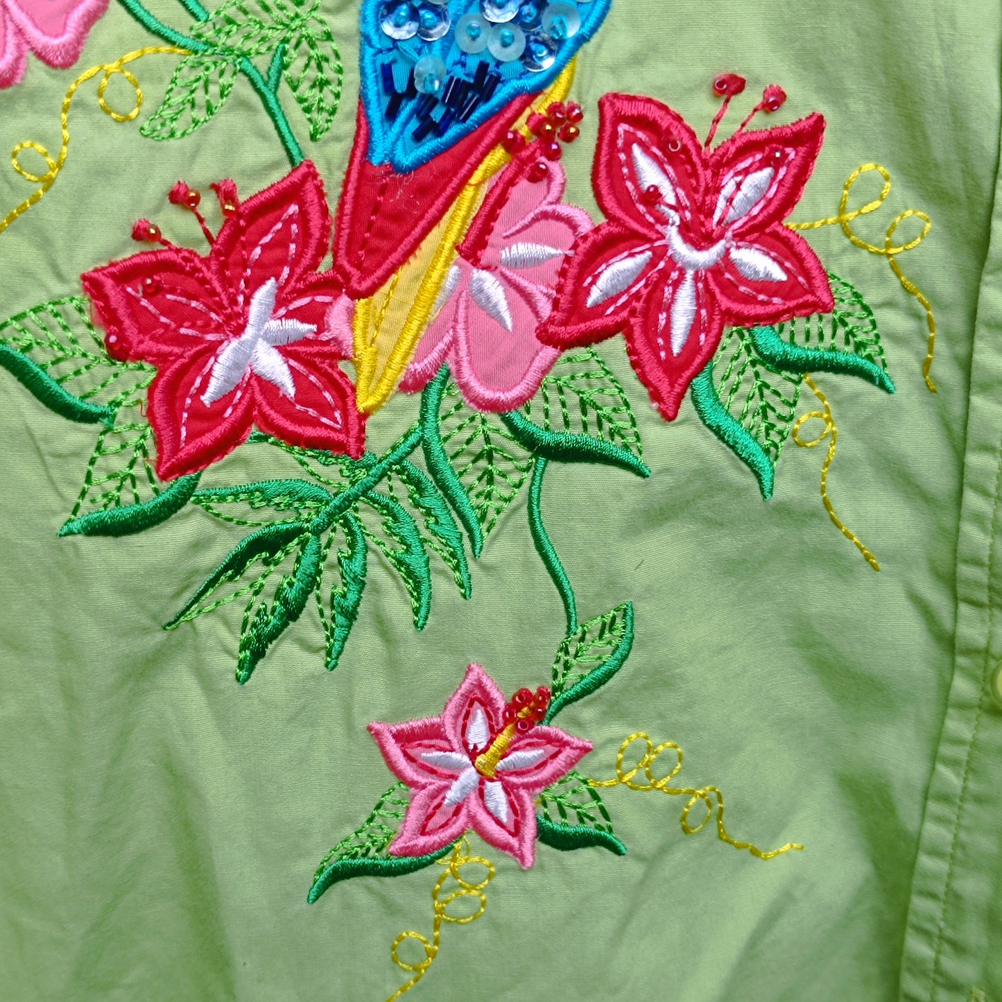 Bobbie Brooks Vintage 90s Green Embroidered Tropical Hawaiian Shirt