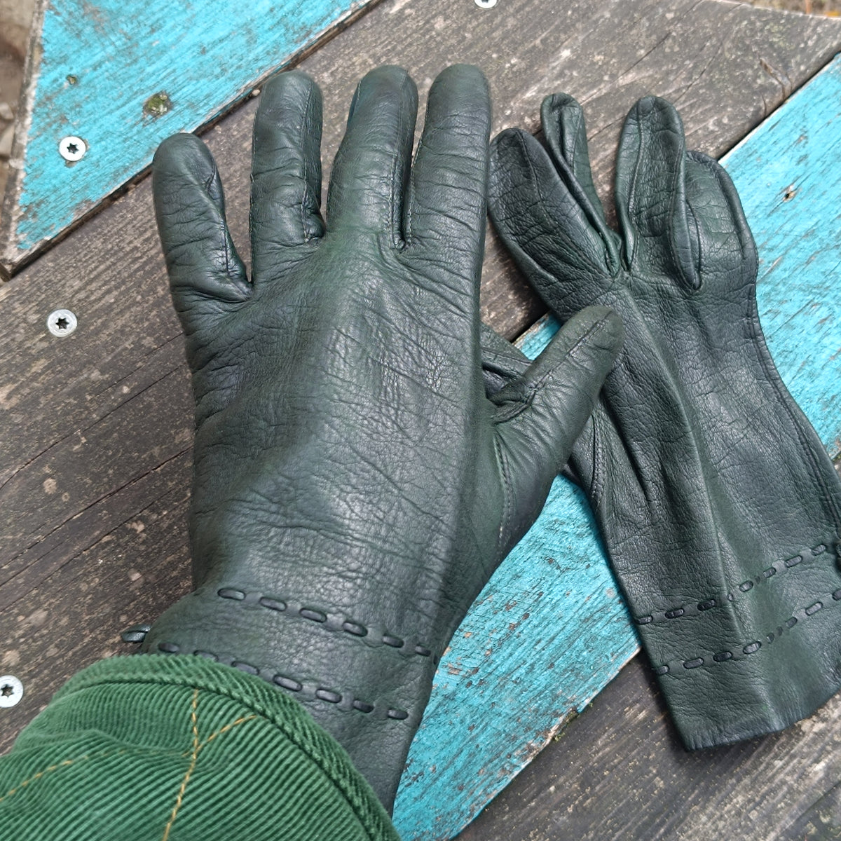 Vintage Leather Gloves | 80s Dark Green Stitching | Fits S