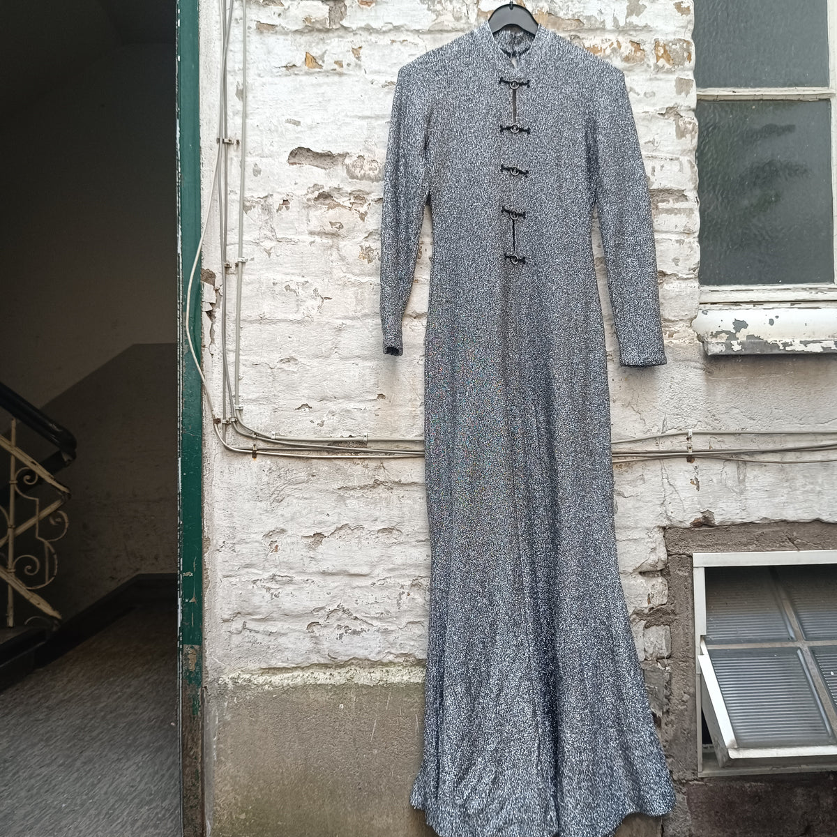 Silver Metallic Maxi Dress | Vintage 70s Lurex Evening Gown | S
