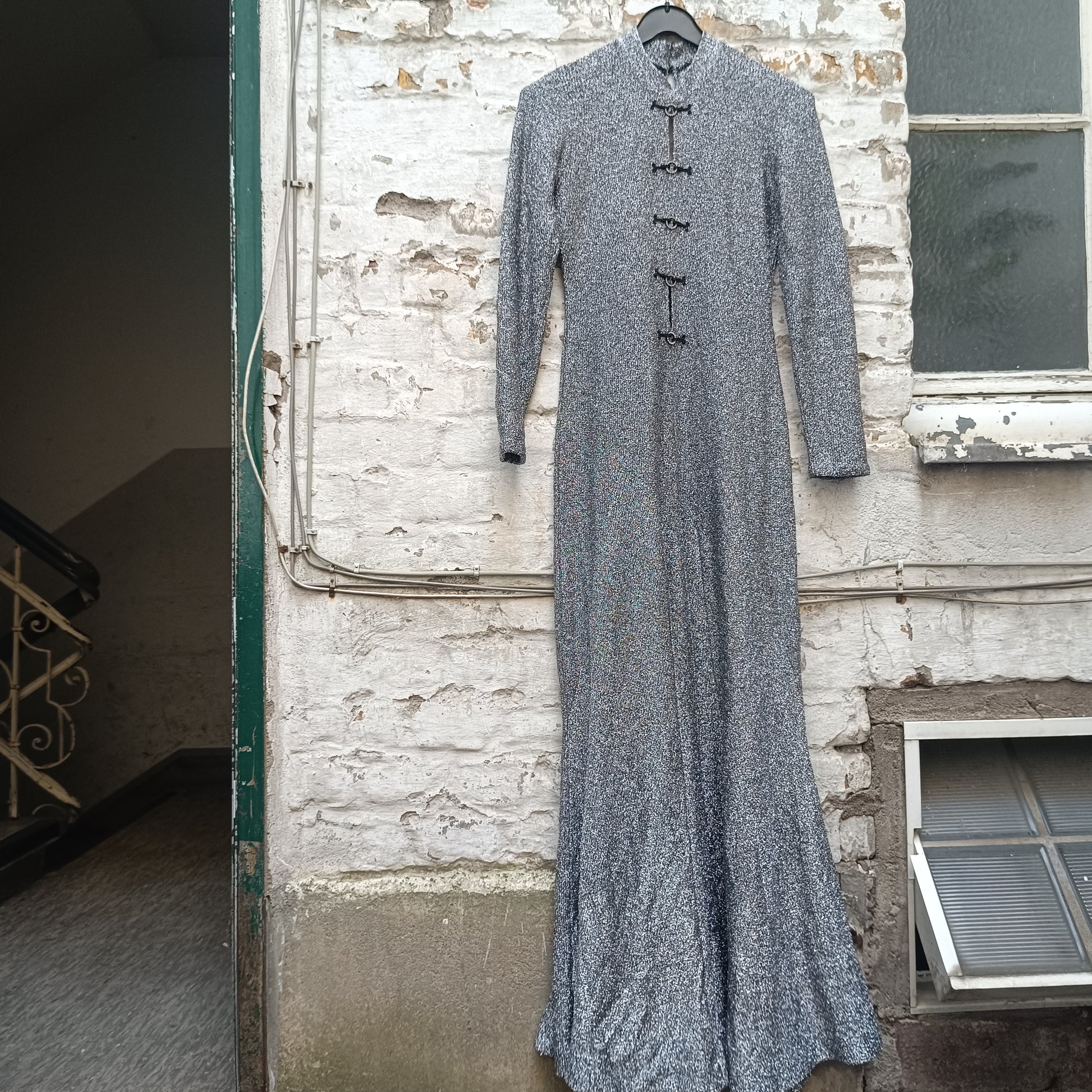 Silver Metallic Maxi Dress | Vintage 70s Lurex Evening Gown | S