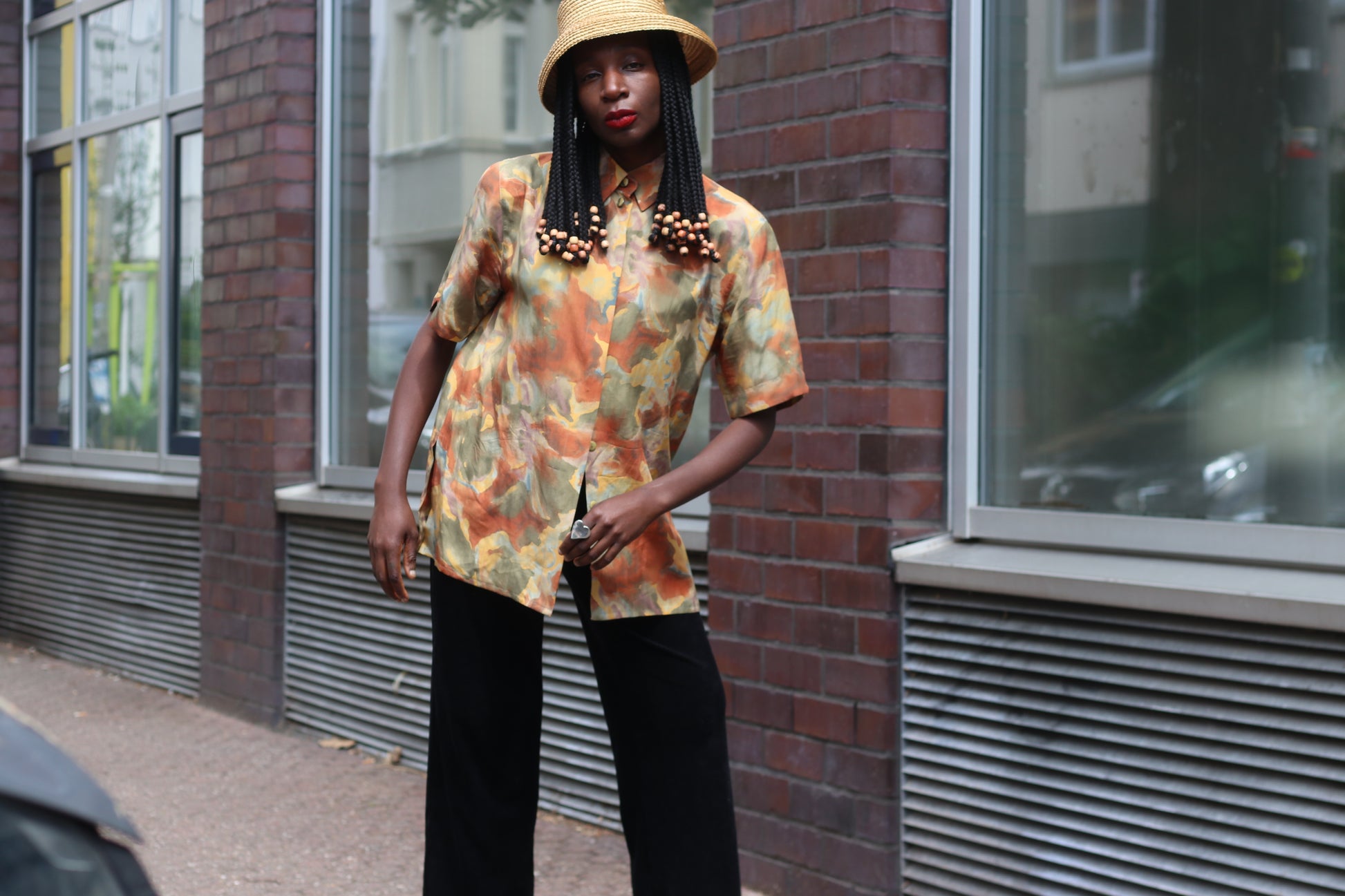 Vintage 1980s Silk Blouse Abstract Earthy Camo Print Short Sleeve Button Up Shirt