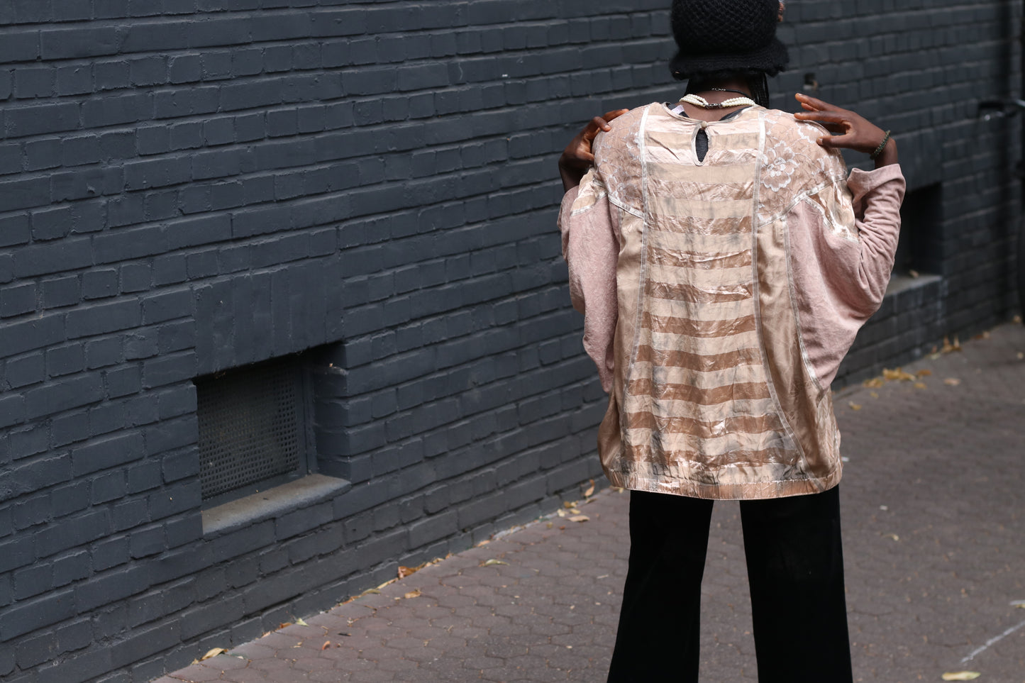 Vintage Patchwork Top 80s Batwing Blouse Beige Pink Fits M/L