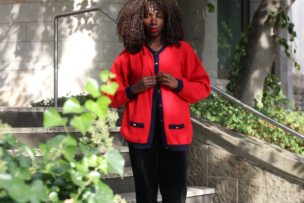 Wool Cardigan Vintage 80s Red Navy | Mackinnon Scotland Knit Sweater | L