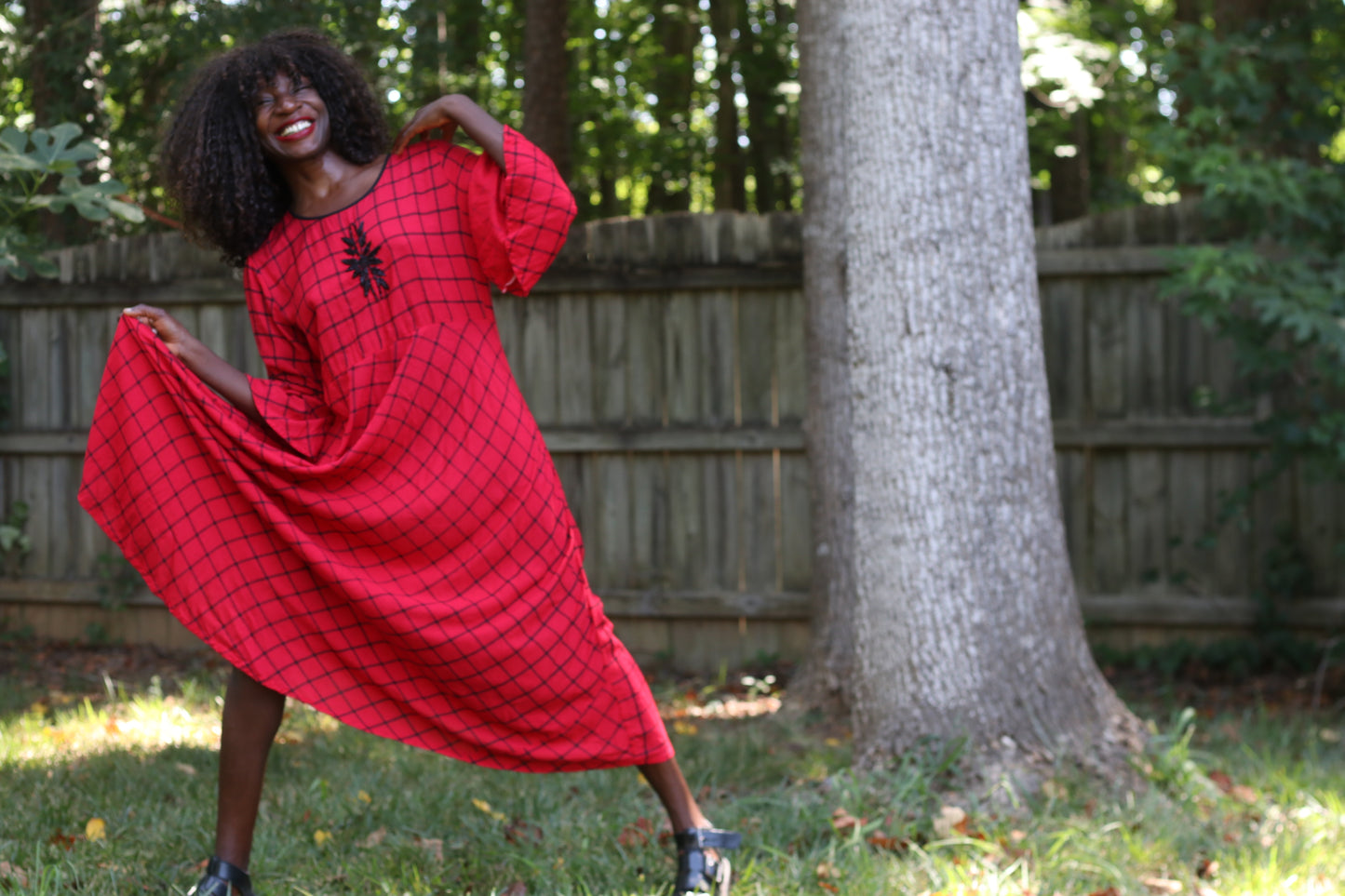 Vintage 1990s Red Plaid Bell Sleeve Maxi Dress