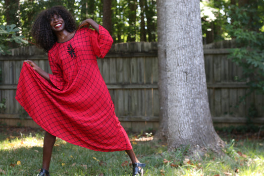 Vintage 1990s Red Plaid Bell Sleeve Maxi Dress