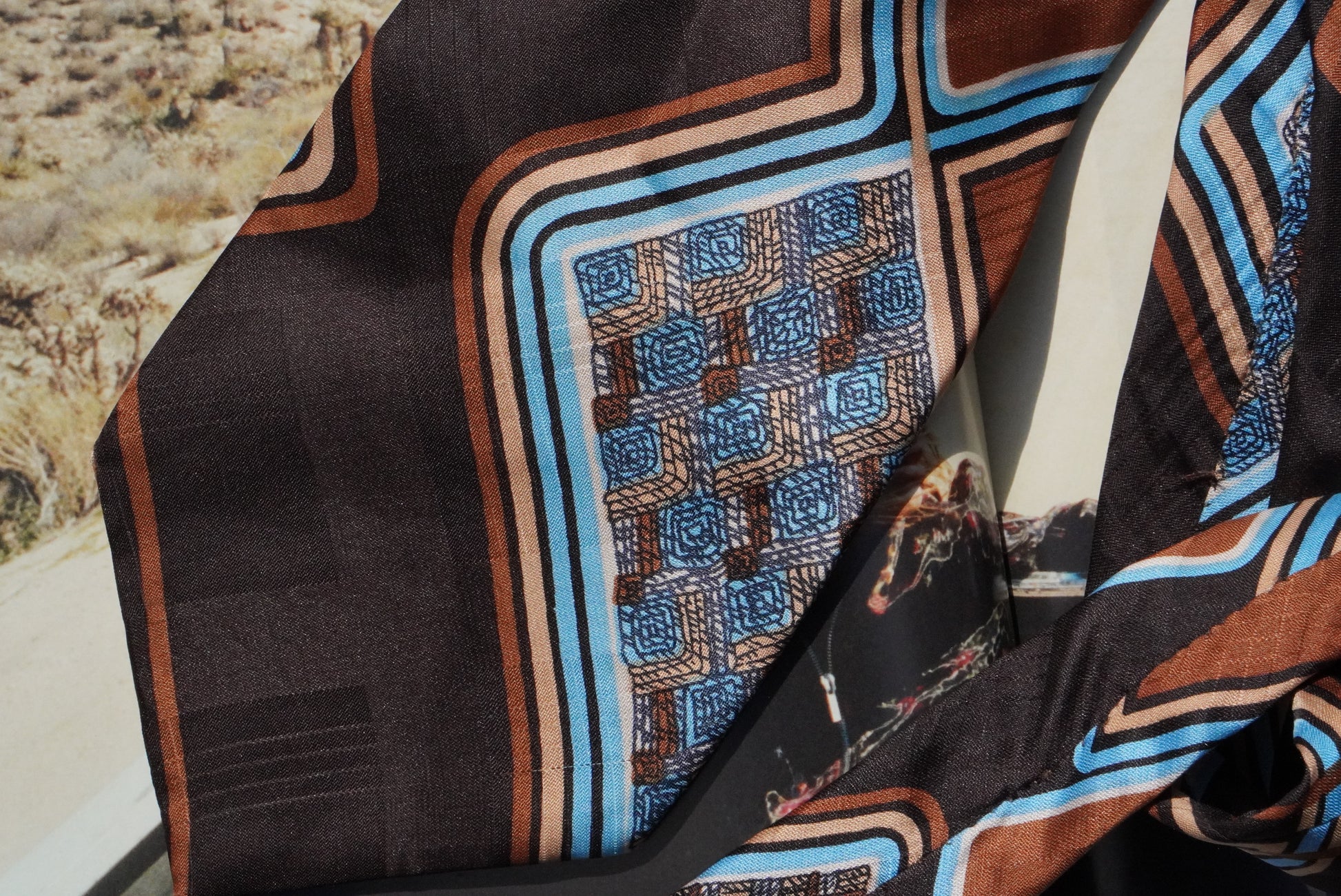 Le Schans Paris Vintage 1970s Silk Tie Geometric Abstract Brown Blue Retro Neckwear