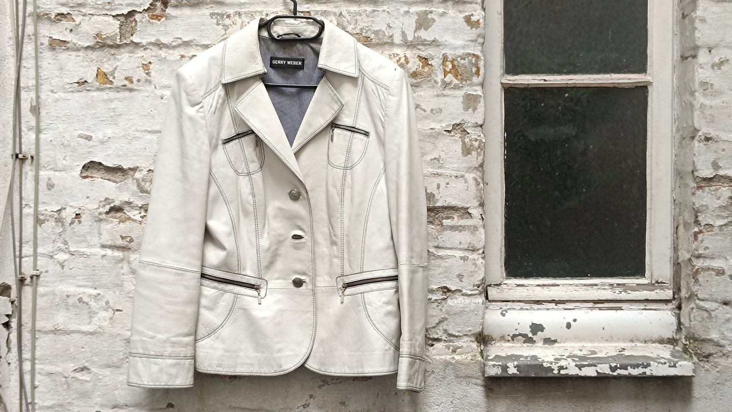 Gerry Weber Vintage Leather Jacket White Beige Blazer Coat 90s Vintage Leather