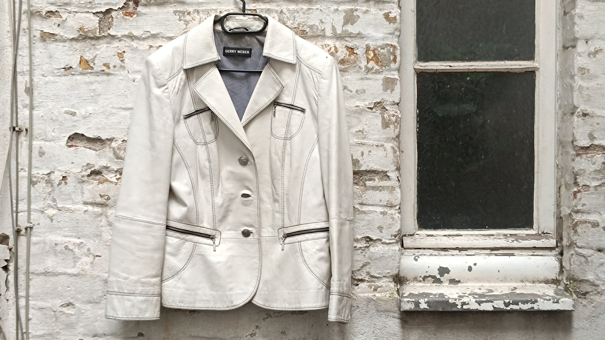 Gerry Weber Vintage Leather Jacket White Beige Blazer Coat 90s Vintage Leather