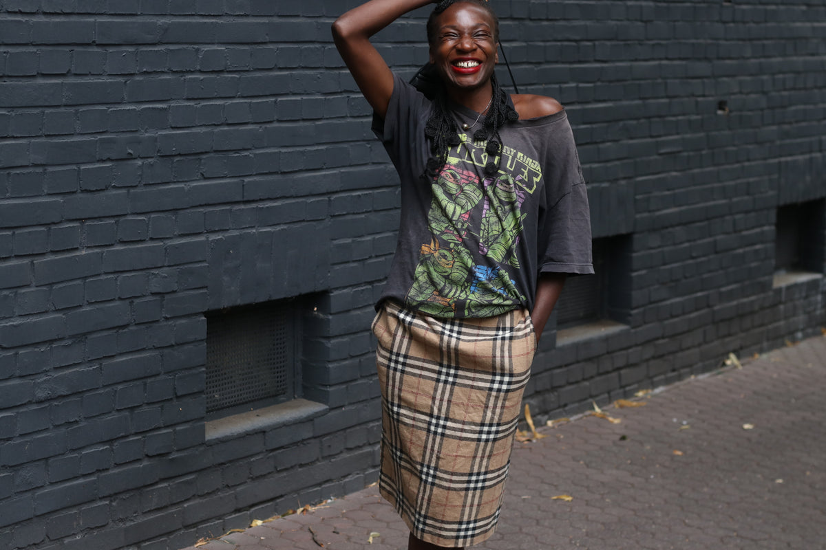 Vintage Wool Plaid Pencil Skirt| y2k Antonette Beige Check Midi - M
