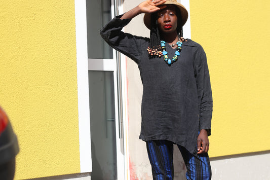 Vintage 1990s Black Linen Tunic Shirt Oversized Minimalist Lagenlook Blouse Top