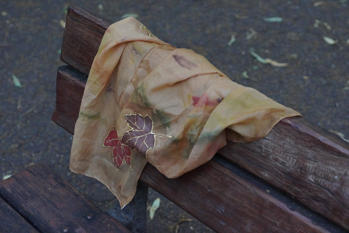 Vintage Silk Scarf Hand Painted Earthy Autumn Maple Leaf Silk Neck Scarf Brown 90s