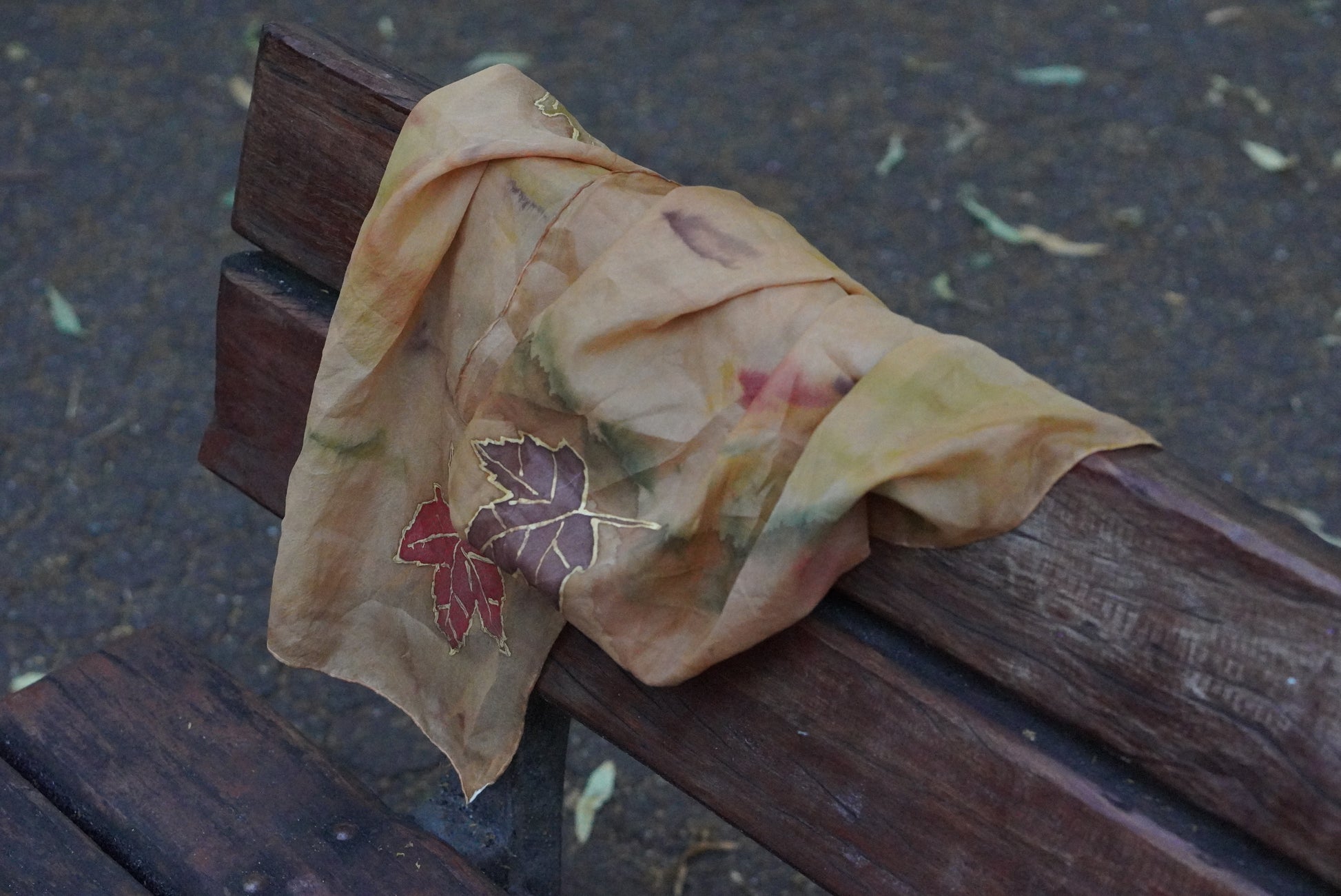 Vintage Silk Scarf Hand Painted Earthy Autumn Maple Leaf Silk Neck Scarf Brown 90s