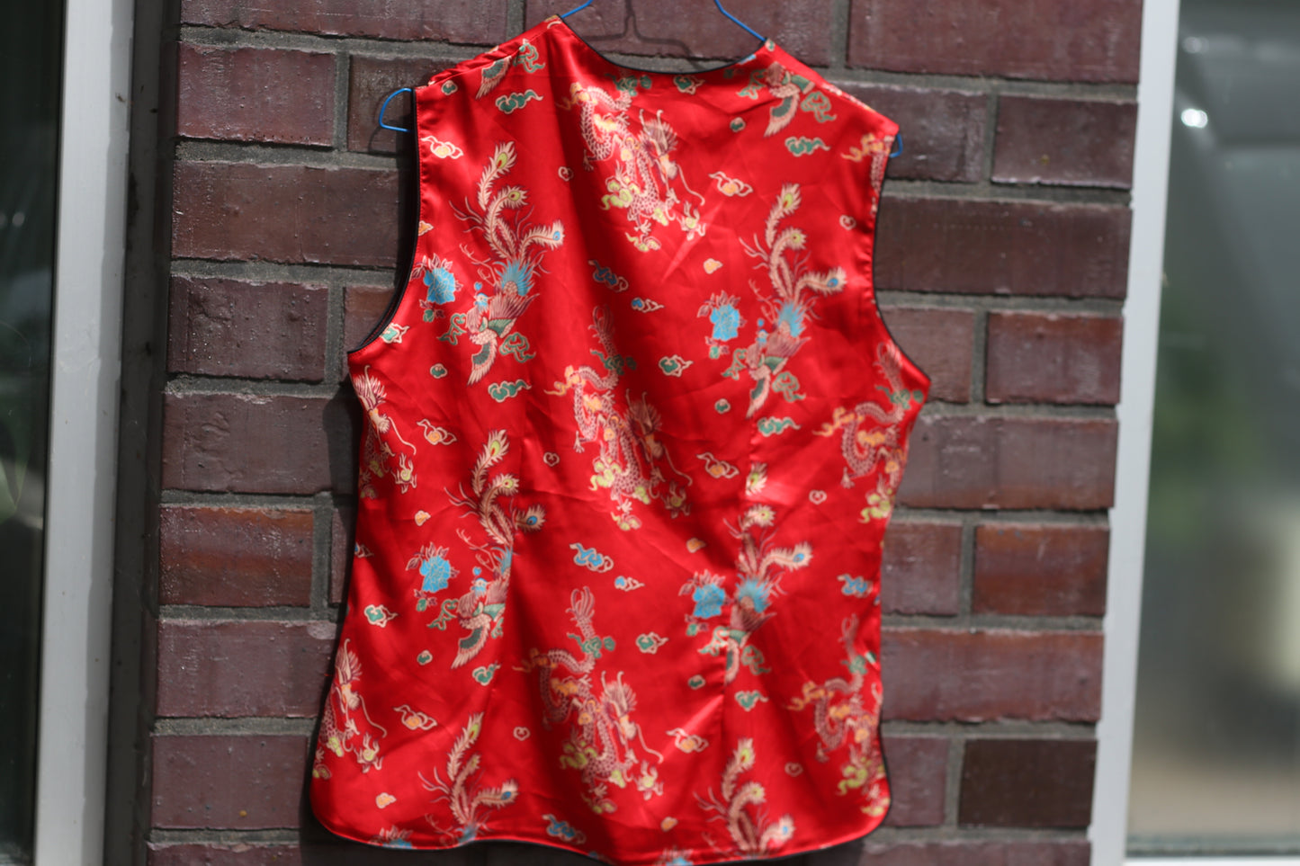 90s Dragon Top Red Qi Pao Blouse Sleeveless Asian Aesthetic Pure Silk Festival L