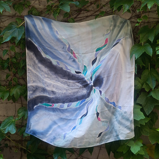 Silk Scarf - Vintage 80s 90s Art Silk - Blue Abstract Square Scarf | One Size
