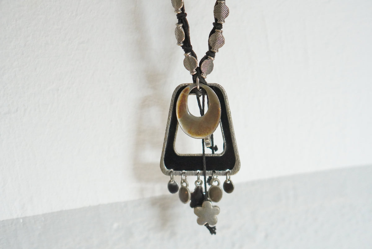 Vintage Boho Statement Necklace Silver Pendant 1990s Black Enamel Coin Choker Bag