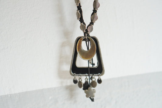 Vintage Boho Statement Necklace Silver Pendant 1990s Black Enamel Coin Choker Bag