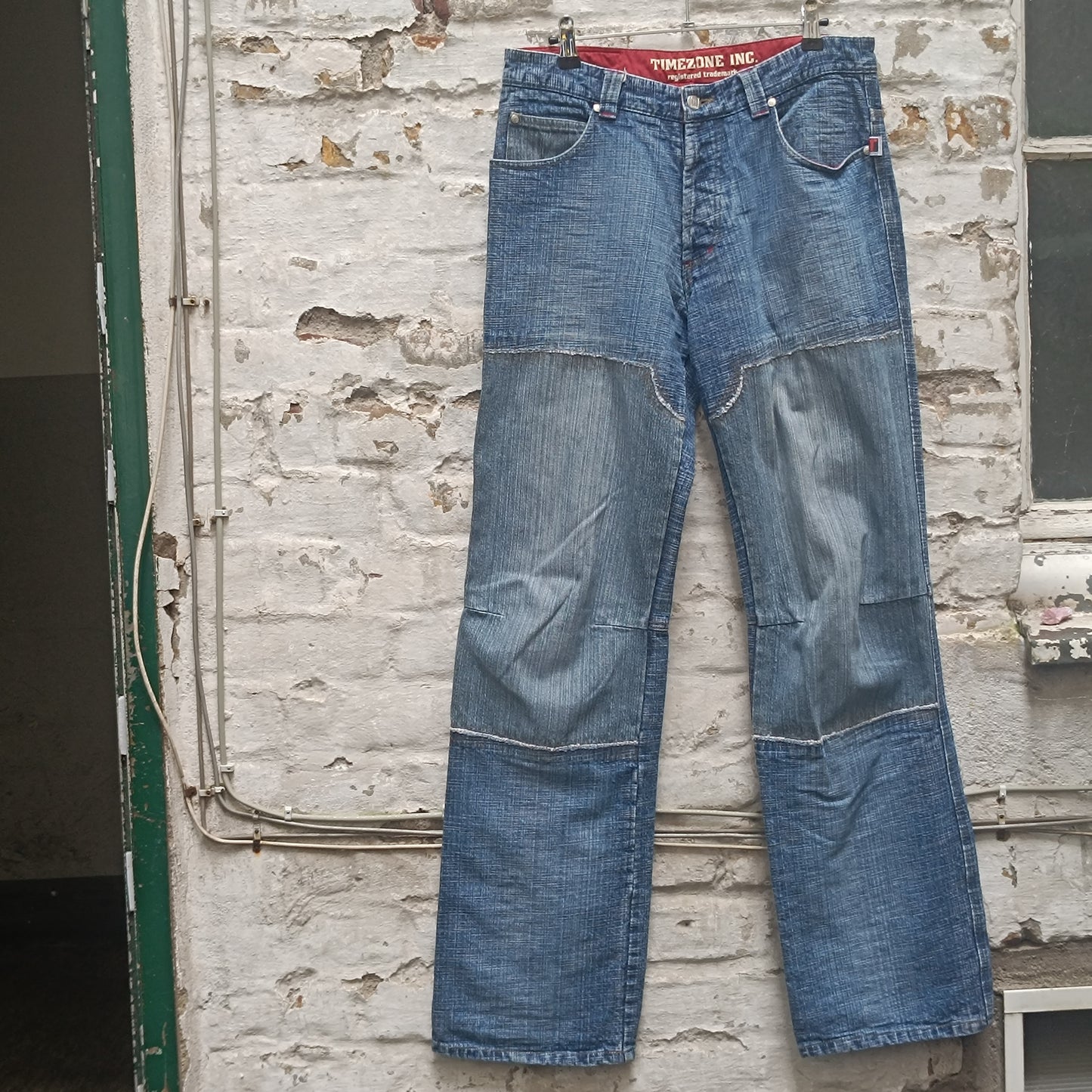 Vintage Timezone Jeans Y2K Patchwork Denim Pants Blue 2000s Wide Leg Trousers