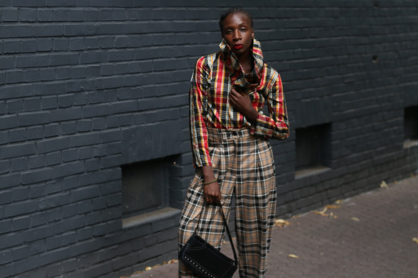 Plaid Trousers Vintage 90s Brown High Waist Pants  XS