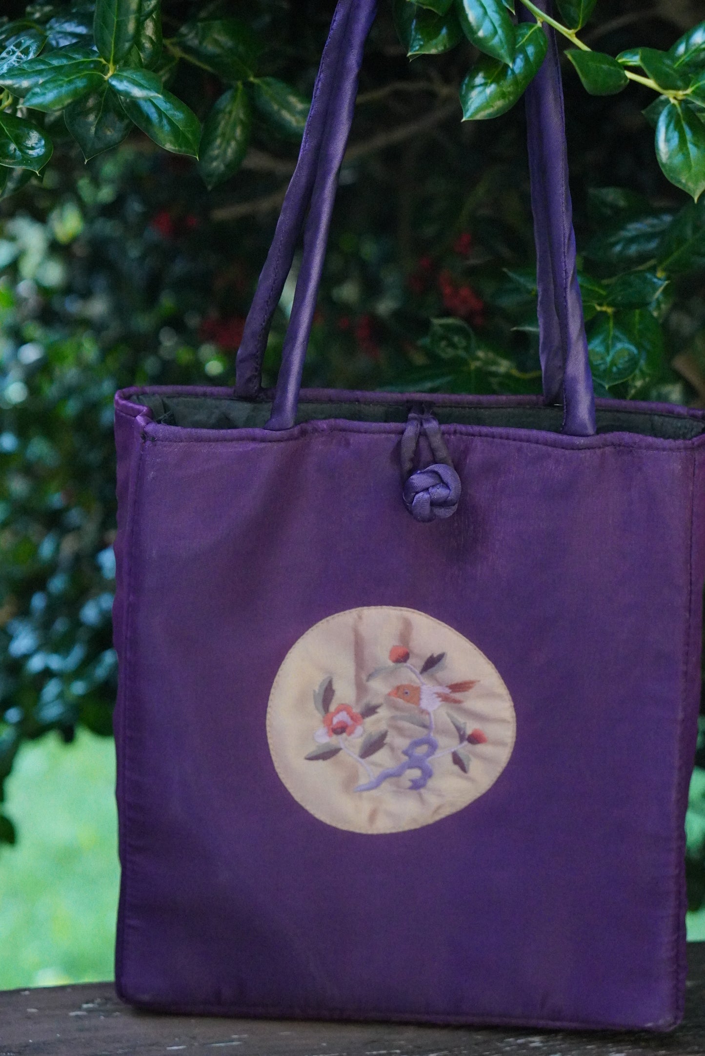 Vintage 1990s Purple Silk Embroidered Tote Bag