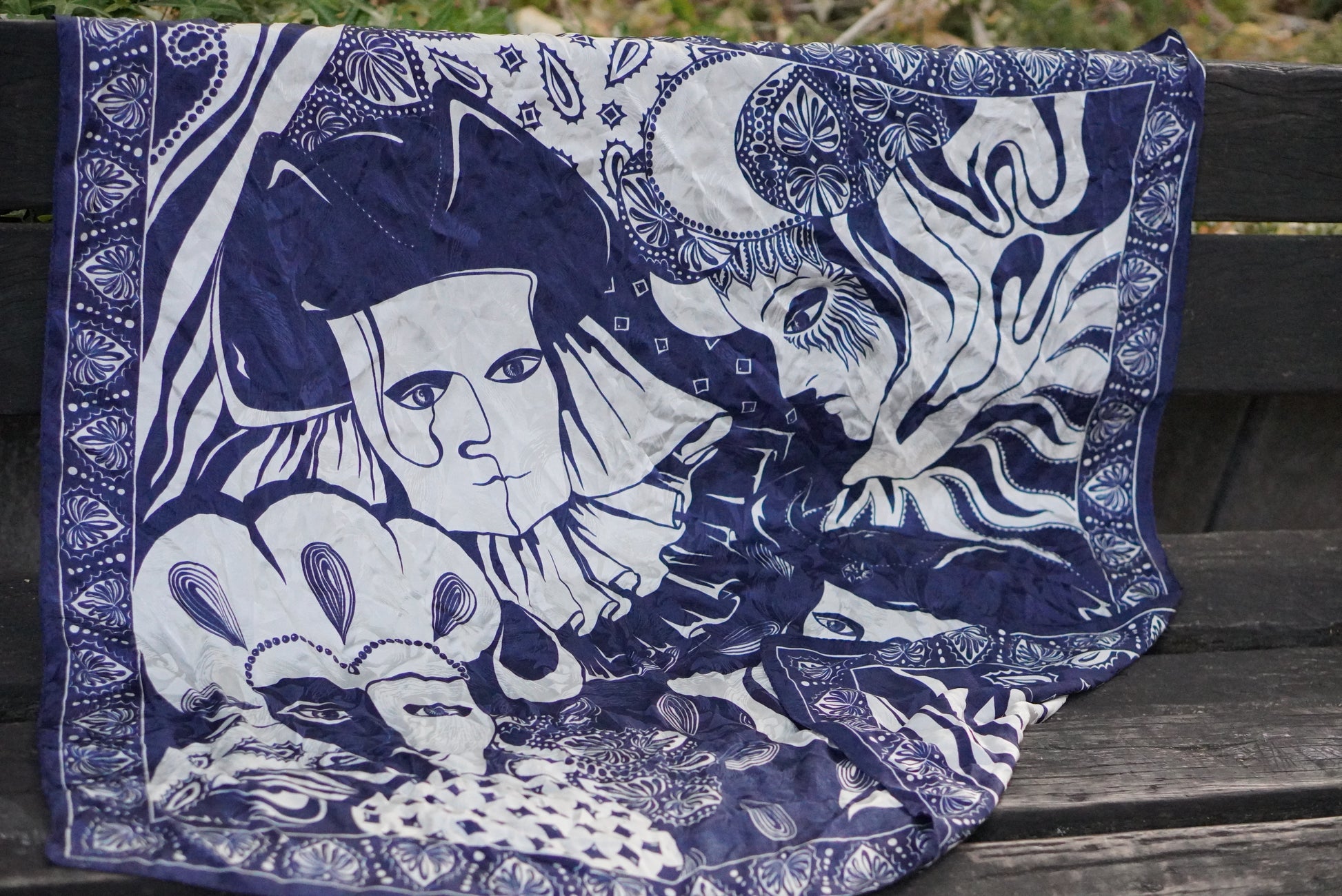 Vintage 1980s Silk Scarf Venetian Masquerade Navy Blue Jacquard Harlequin Border