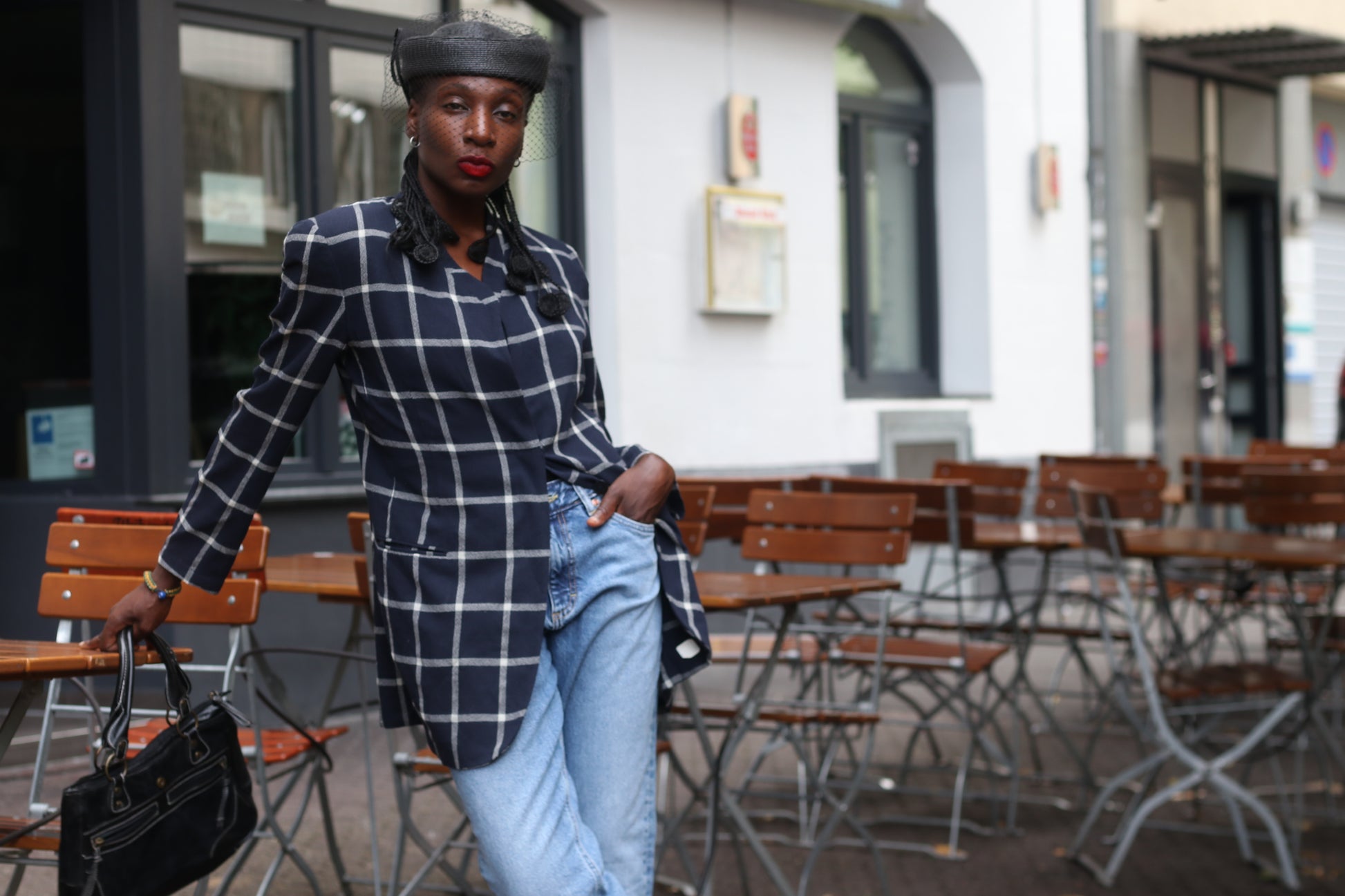 Vintage 80s Navy Plaid Blazer | Oversized Boxy Windowpane Jacket