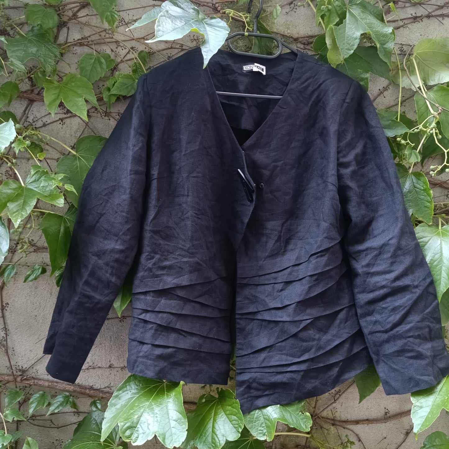 Linen Jacket 90s Minimalist Black Pleated Blazer Fits S EU 36