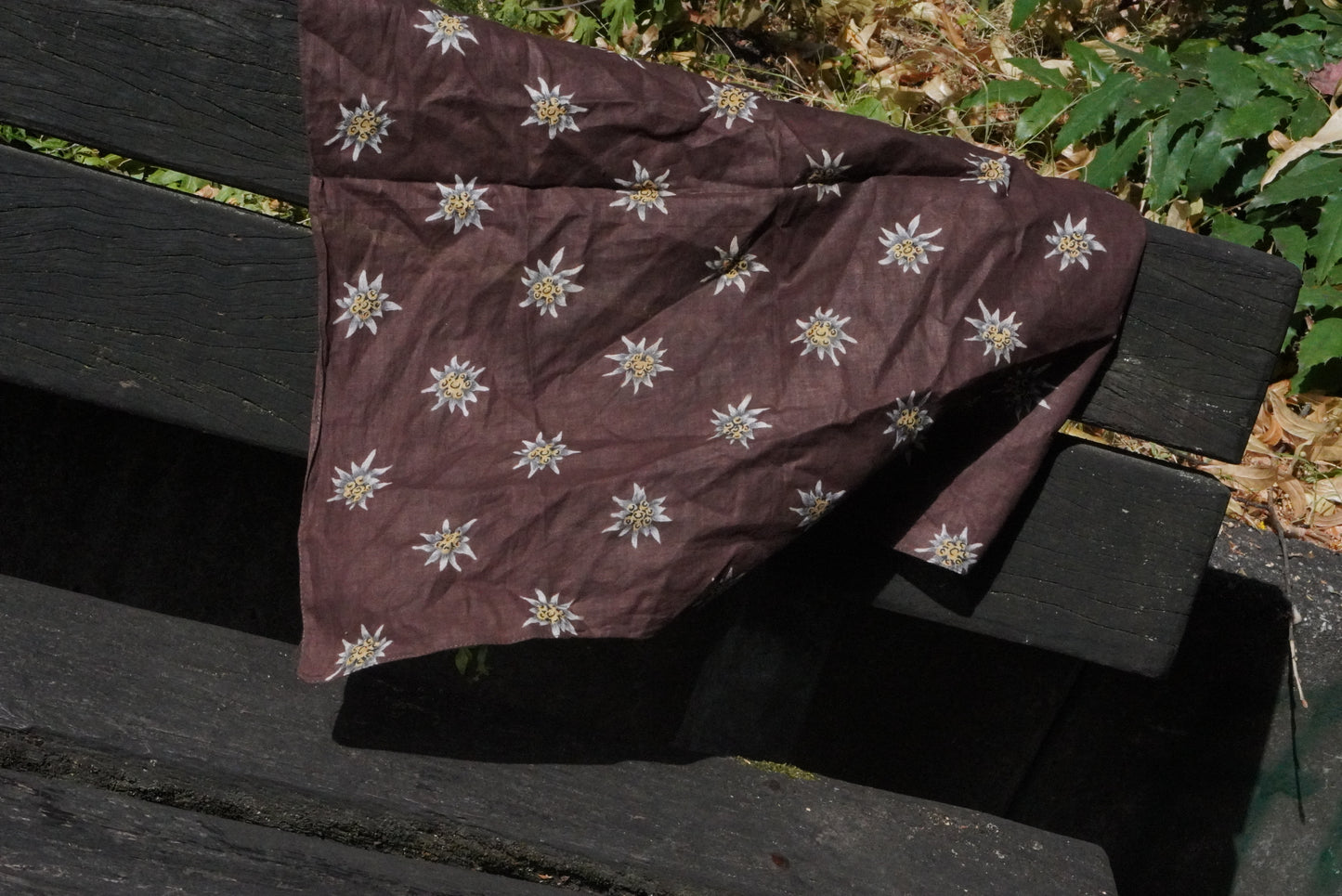 Vintage Alpine Edelweiss Cotton Bandana | 1970s Brown Folk Neck Scarf