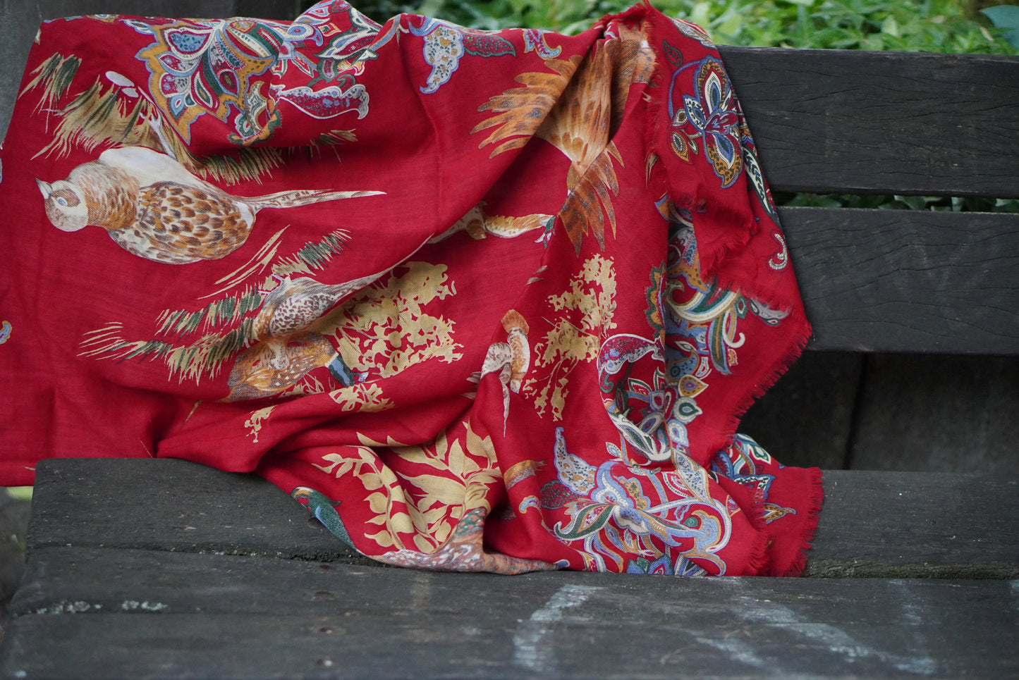 Vintage Red Wool Scarf Paisley Pheasant Shawl 1980s Folk Fringe Wrap Square Large
