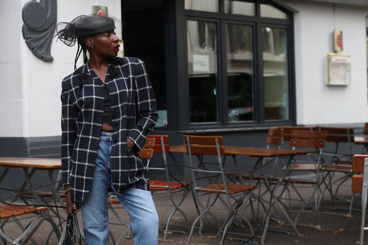 Vintage 80s Navy Plaid Blazer | Oversized Boxy Windowpane Jacket