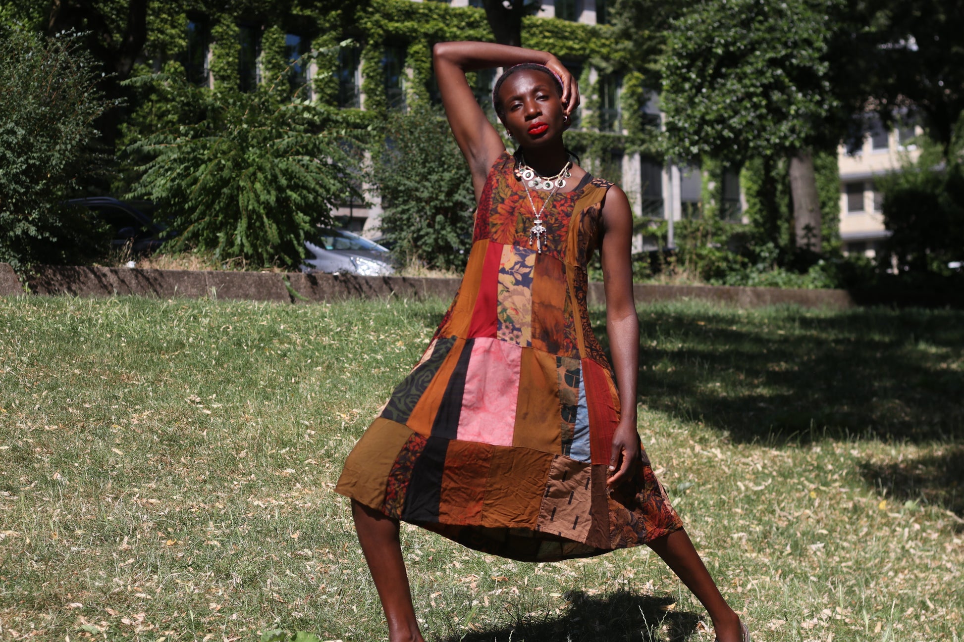 Vintage 90s Patchwork Dress Boho Earthy Midi Grunge Hippie Sleeveless Sundress