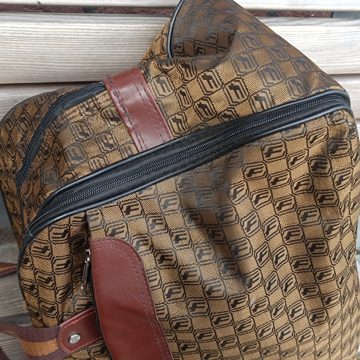 Vintage Monogram Duffle Bag - Retro Brown Geometric Travel Bag - Unisex Weekender