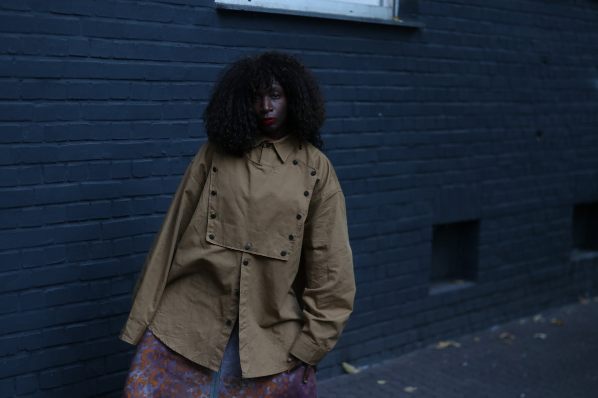 Vintage Military Style Bib Jacket - 90s Khaki Shirt Jacket - M/L