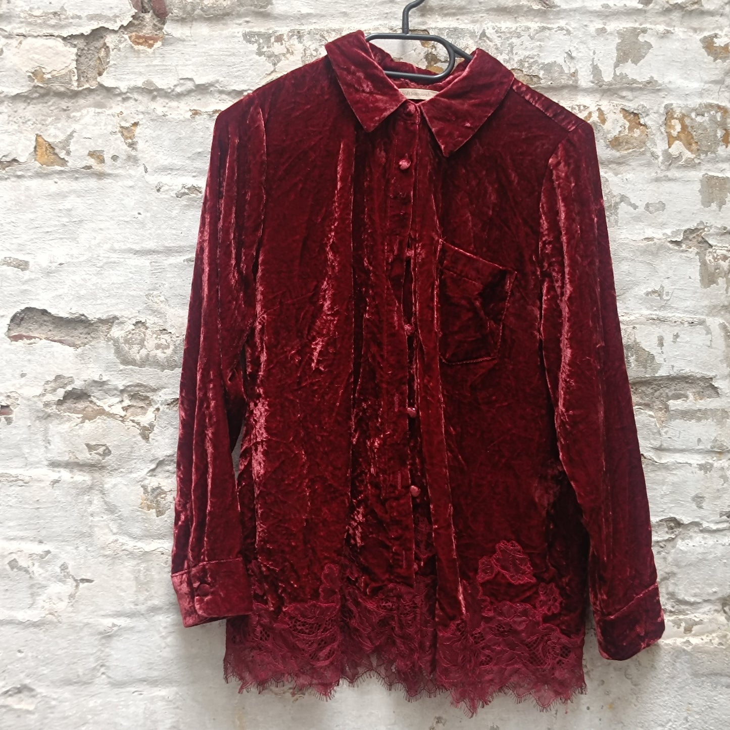  Vintage Gothic Red Velvet Top  | 90s Lace Hem Button Up S