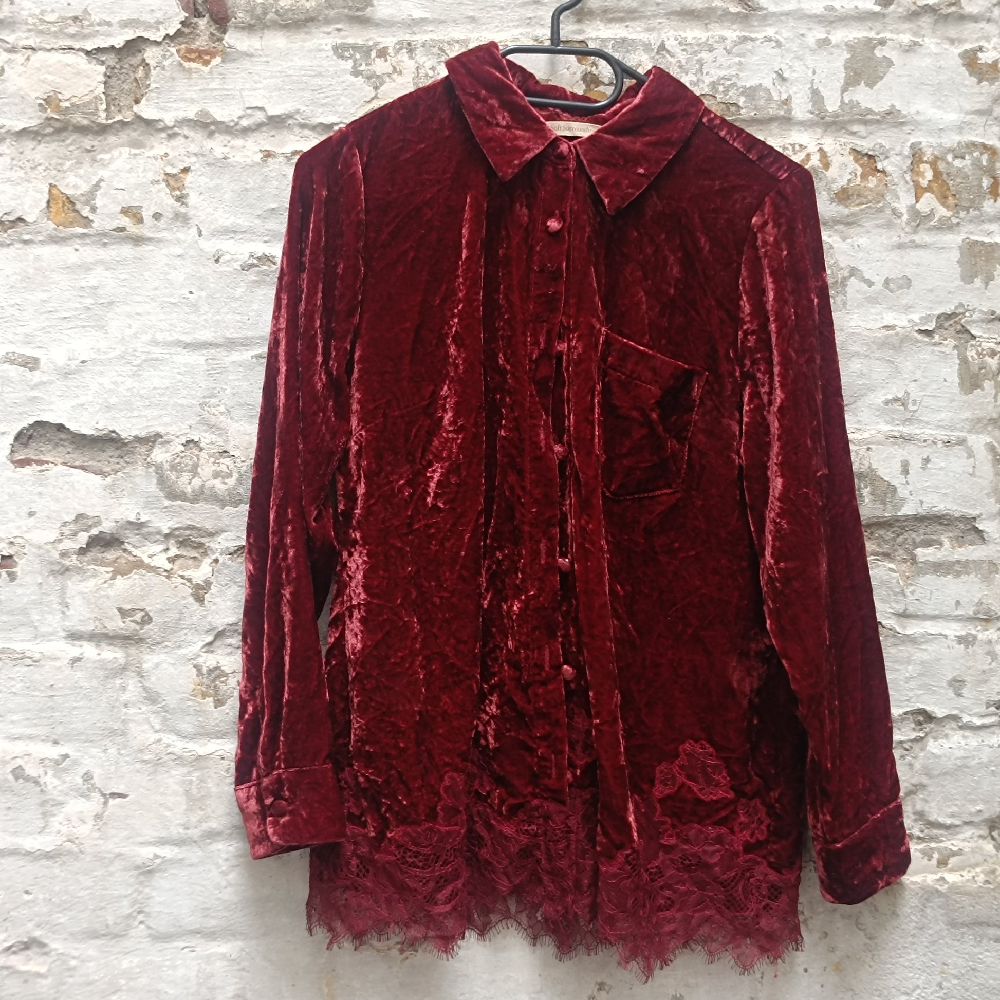  Vintage Gothic Red Velvet Top  | 90s Lace Hem Button Up S