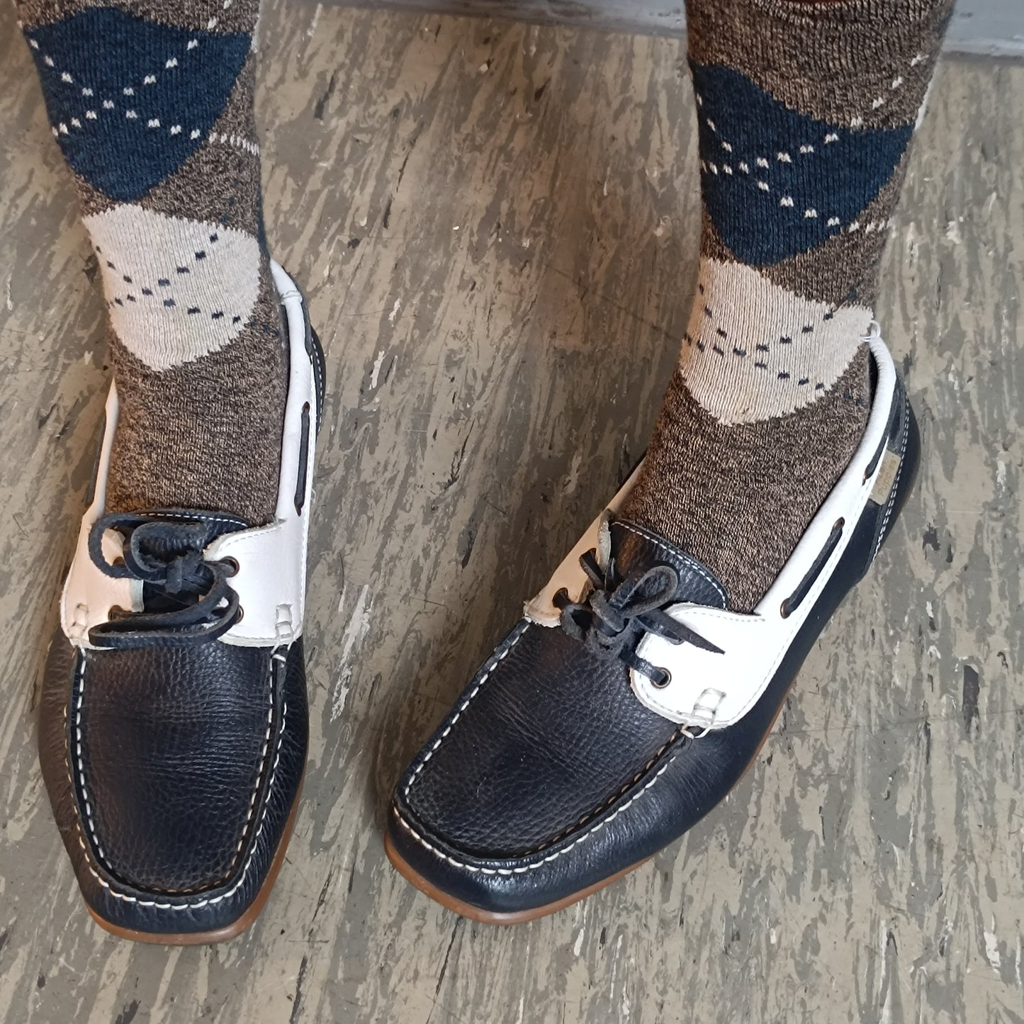 Vintage Boat Shoes | 90s Two Tone Leather Loafers Navy White EU 39
