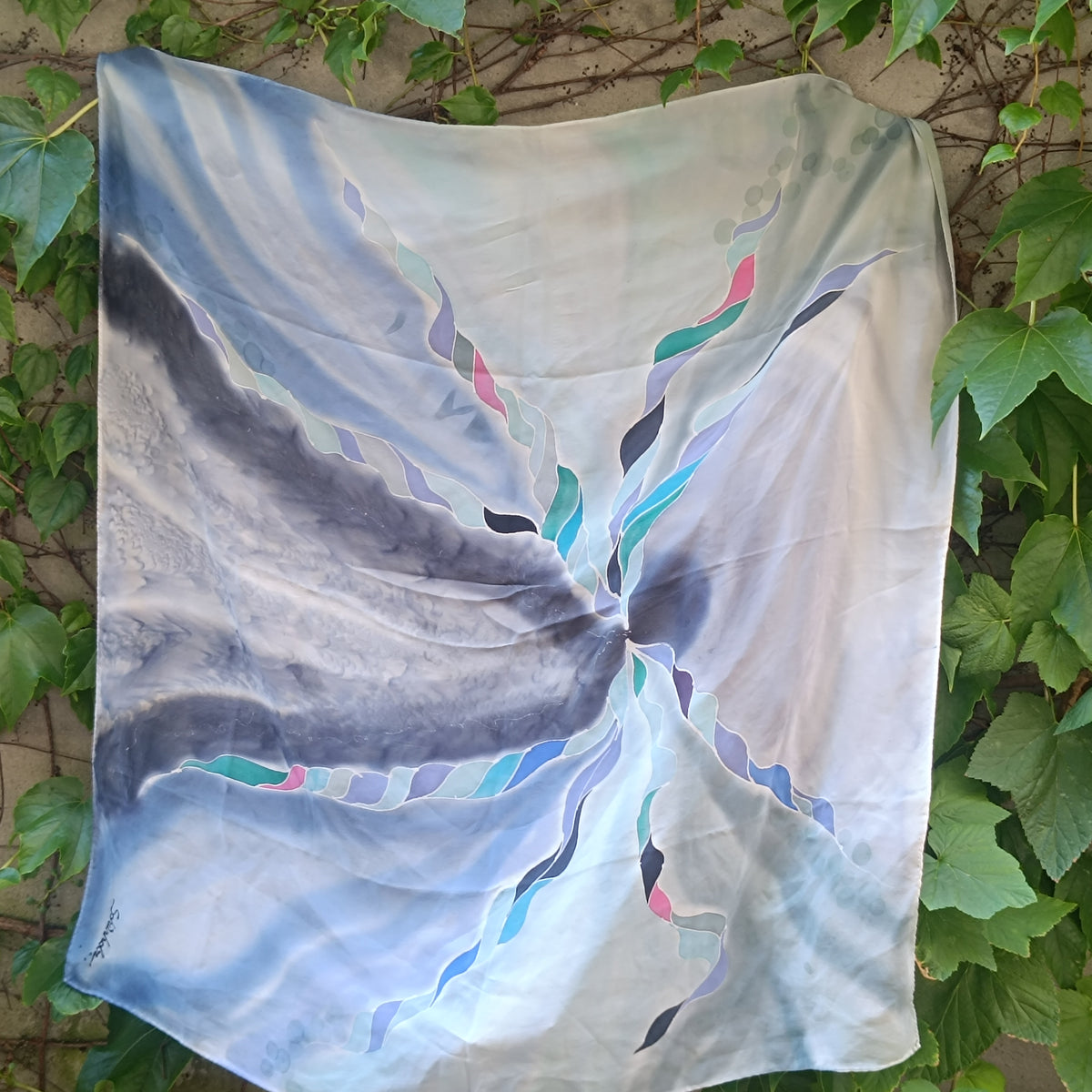 Silk Scarf - Vintage 80s 90s Art Silk - Blue Abstract Square Scarf | One Size