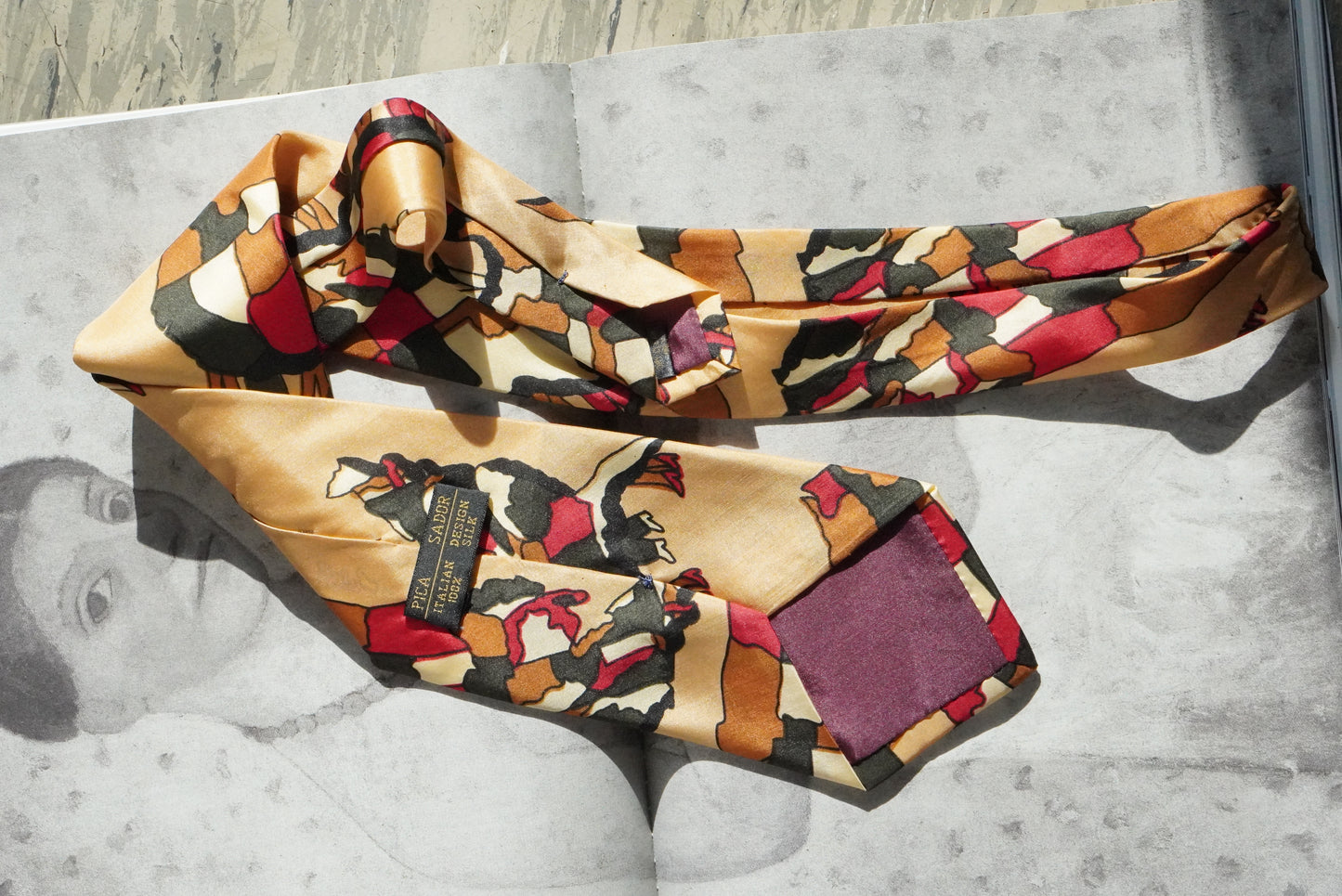 Vintage Pica Sador Silk Tie Italian Designer Abstract Geometric Ochre Necktie