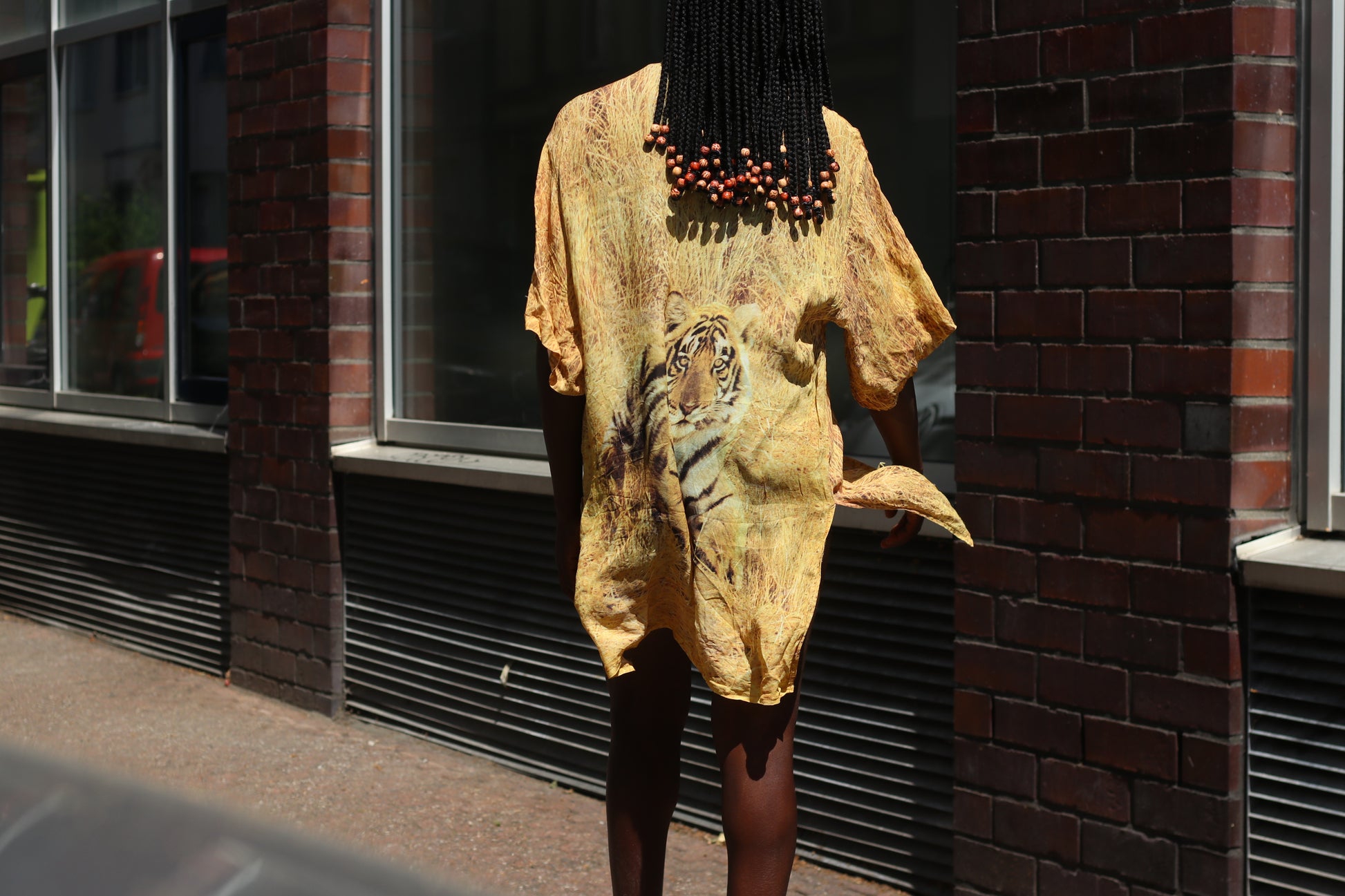 Vintage 90s Tiger Graphic Shirt Oversized Silk Blend Yellow Animal Print Blouse