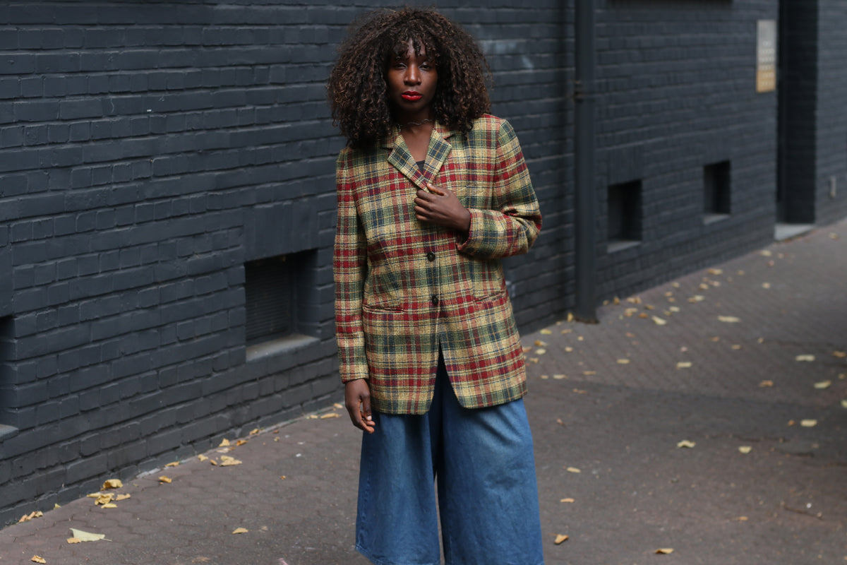 Vintage Plaid Wool Blazer | 90s Checked Oversized Jacket M/L