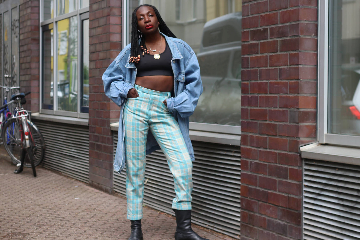 Vintage 70s Plaid Trousers | Turquoise High Waist Check Pants