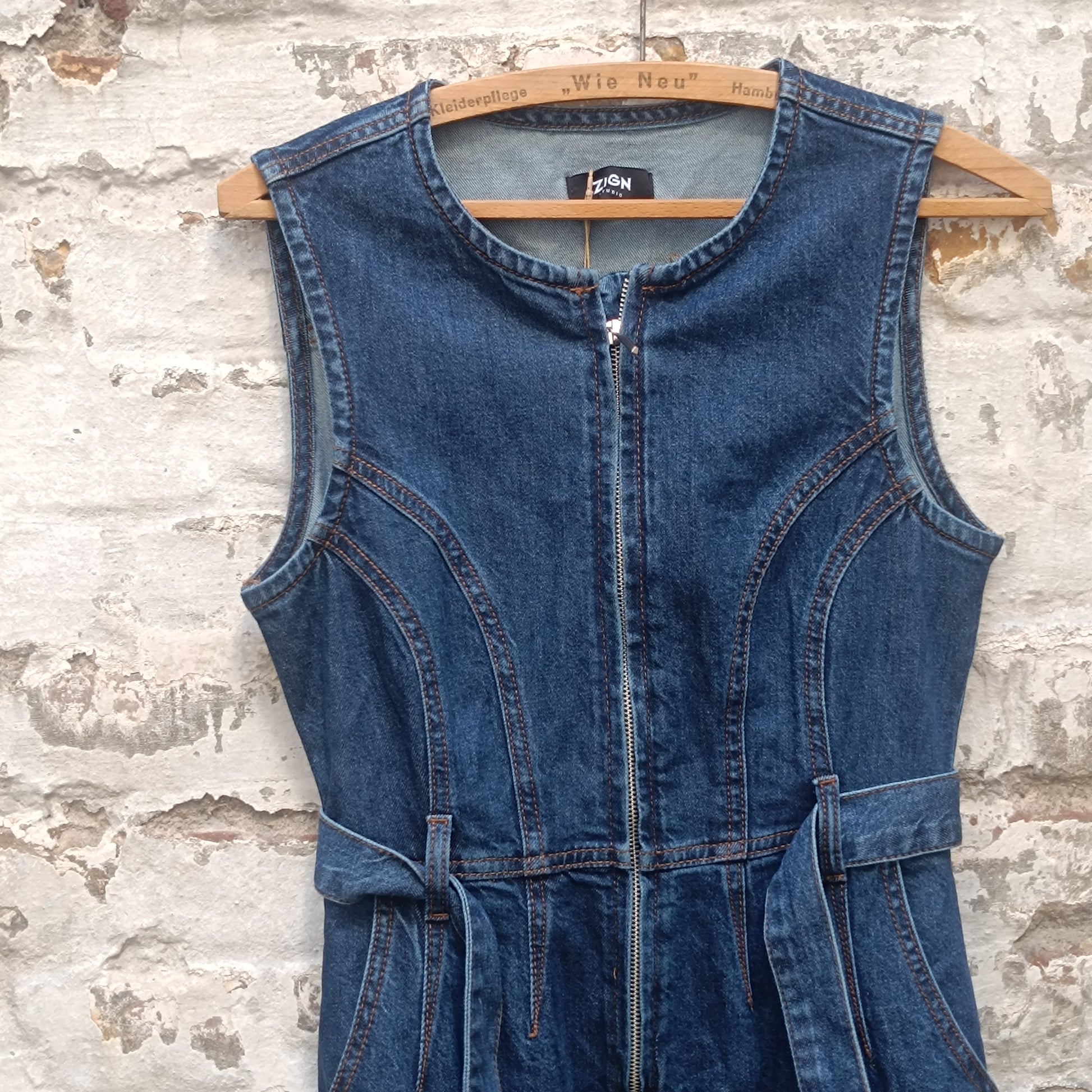 Zign Studio Organic Denim Midi Dress - Sleeveless Belted Jean Dress Blue S