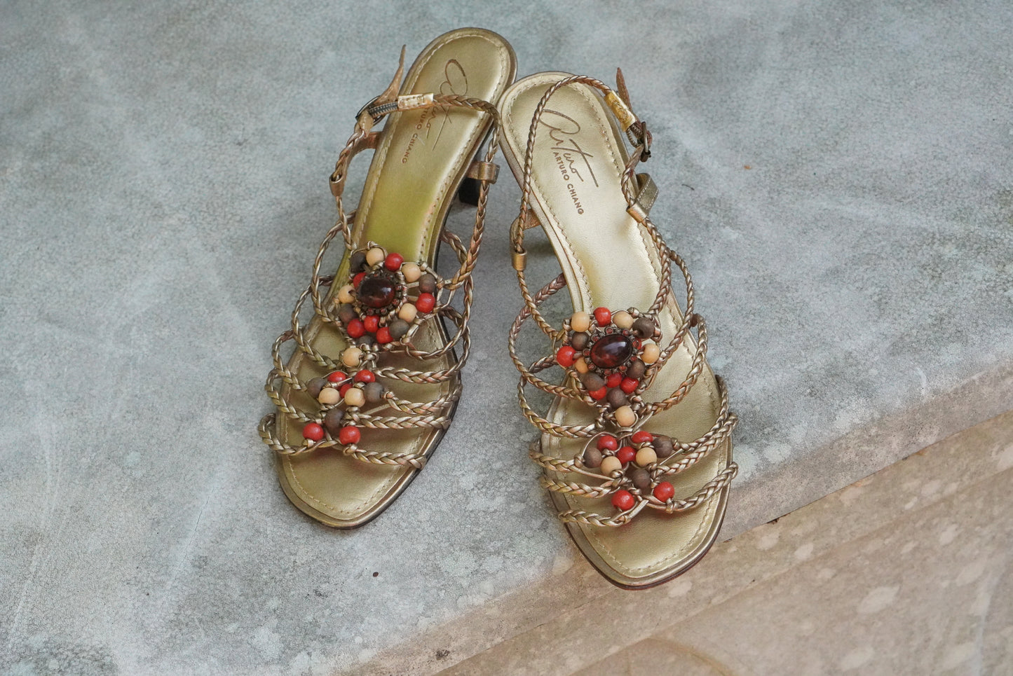 Arturo Chiang Vintage Y2K Gold Leather Beaded Heeled Sandals - Size US 7.5