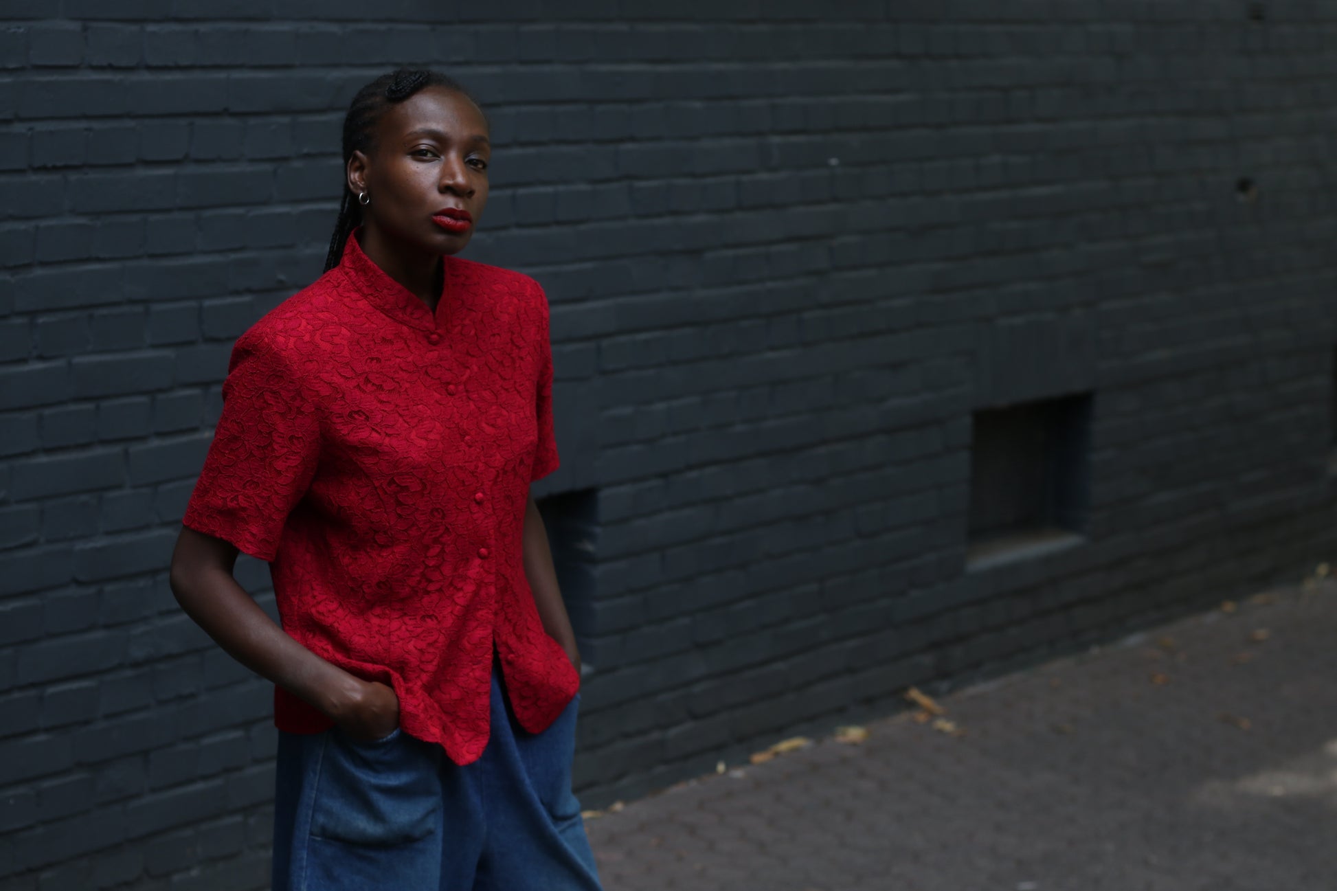 Red Lace Blouse Vintage 90s Mandarin Collar Shirt Short Sleeve | Fits S/M