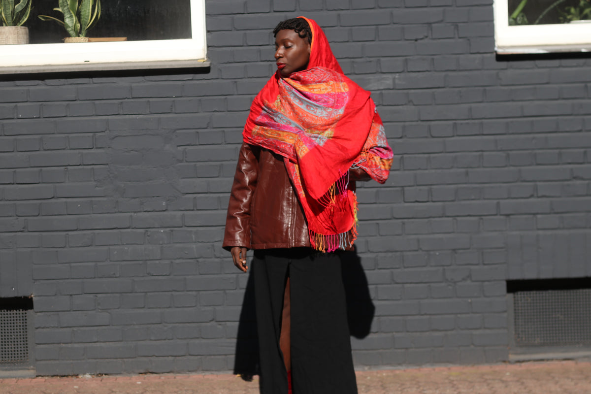 Vintage Red Paisley Pashmina Shawl - Boho Fringe Wrap Scarf