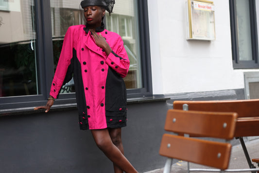 Vintage 80s Pink Black Colorblock Blazer Dress - Double Breasted Coat