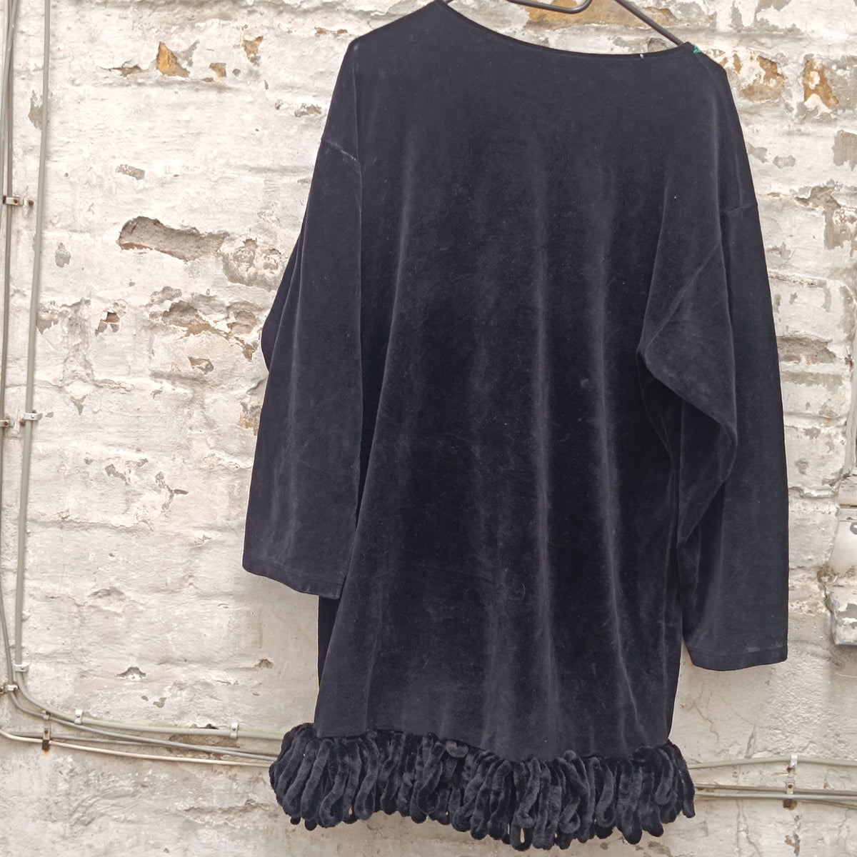 Vintage Velvet Tunic Dress - 90s Black Sequin Fish Mini Dress - L