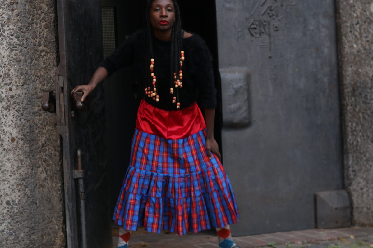 Vintage Tartan Midi Skirt 80s plaid tiered red blue fits L